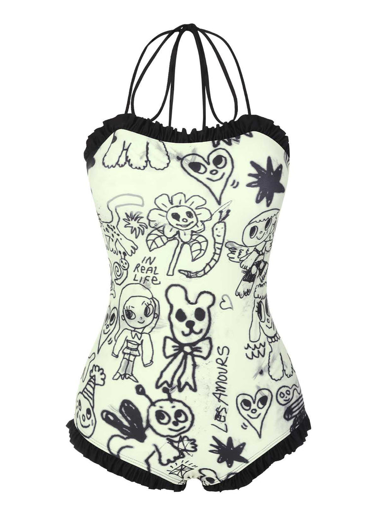 Maillot de bain une pièce à volants motif dessin animé années 1960