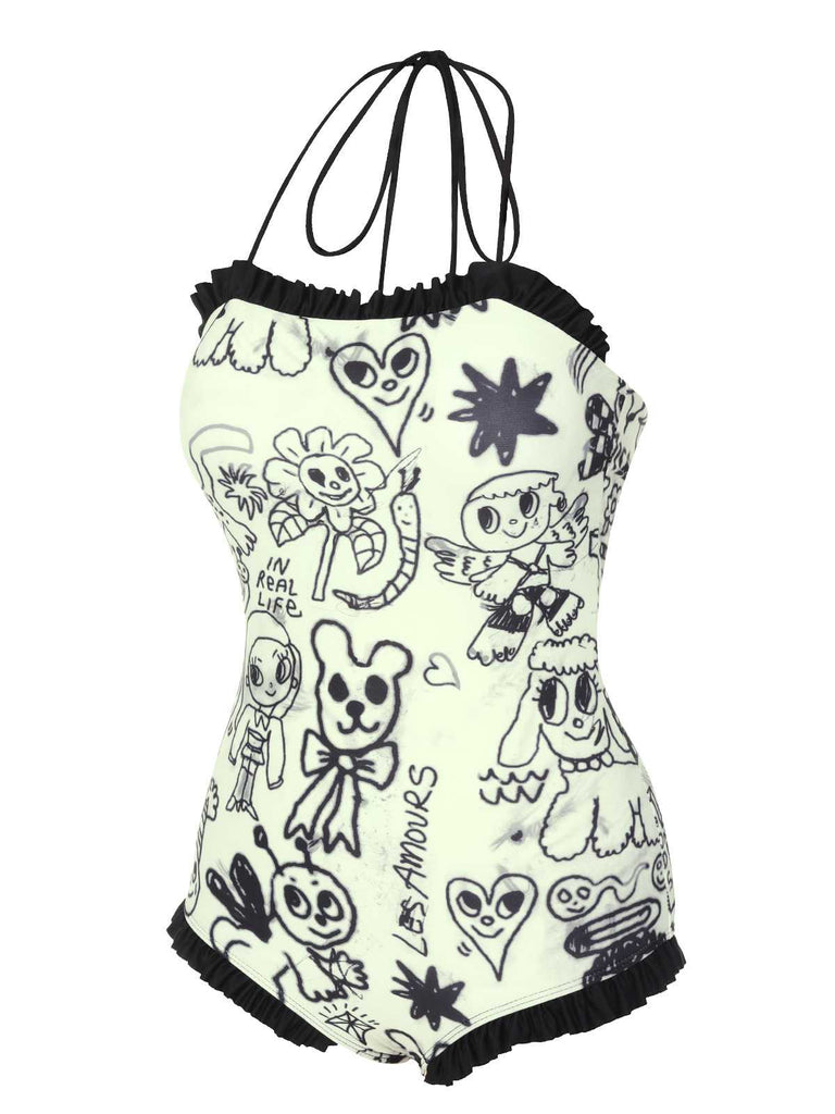 Maillot de bain une pièce à volants motif dessin animé années 1960