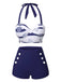 Maillot de bain bleu foncé dos nu à rayures océandes années 1940