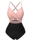 Maillot de bain patchwork taille creuse rose et noir des années 1940