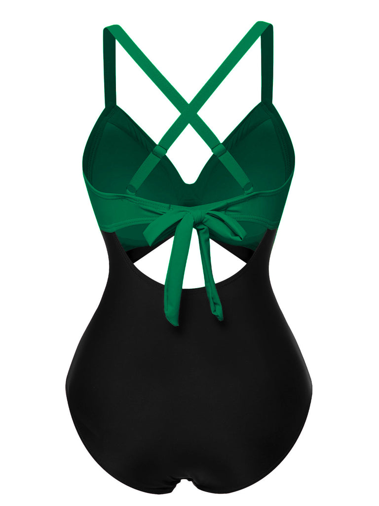 Maillot de bain patchwork taille creuse rose et noir des années 1940