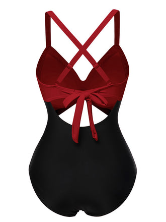 Maillot de bain patchwork taille creuse rouge et noir des années 1940
