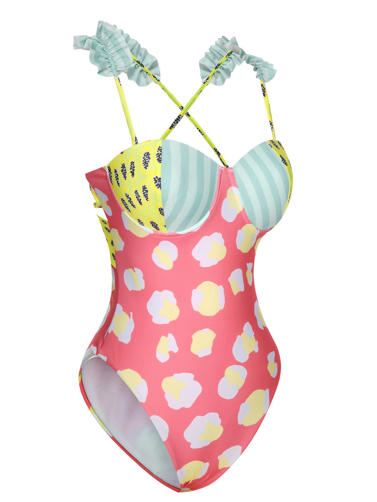 Maillot de bain patchwork multicolore style dessin animé années 1950