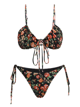 Ensemble bikini à bretelles spaghetti et lacets fleuris des années 1950