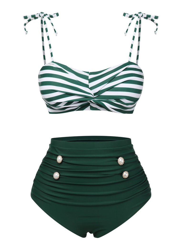 Maillot de bain vert à rayures et bretelles à nouer sur les épaules des années 1960