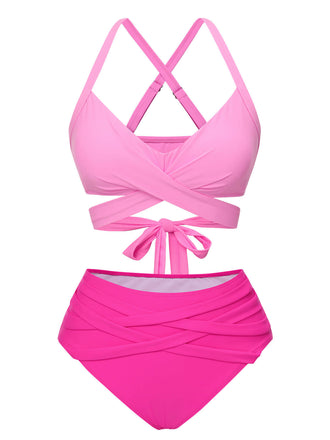 Ensemble de bikini bandage à bretelles contrastées rose des années 1960