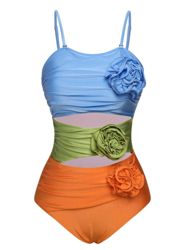 Maillot de bain à bretelles spaghetti et fleurs 3D contrastées des années 1930