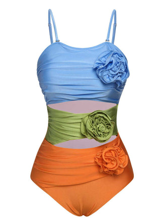 Maillot de bain à bretelles spaghetti et fleurs 3D contrastées des années 1930