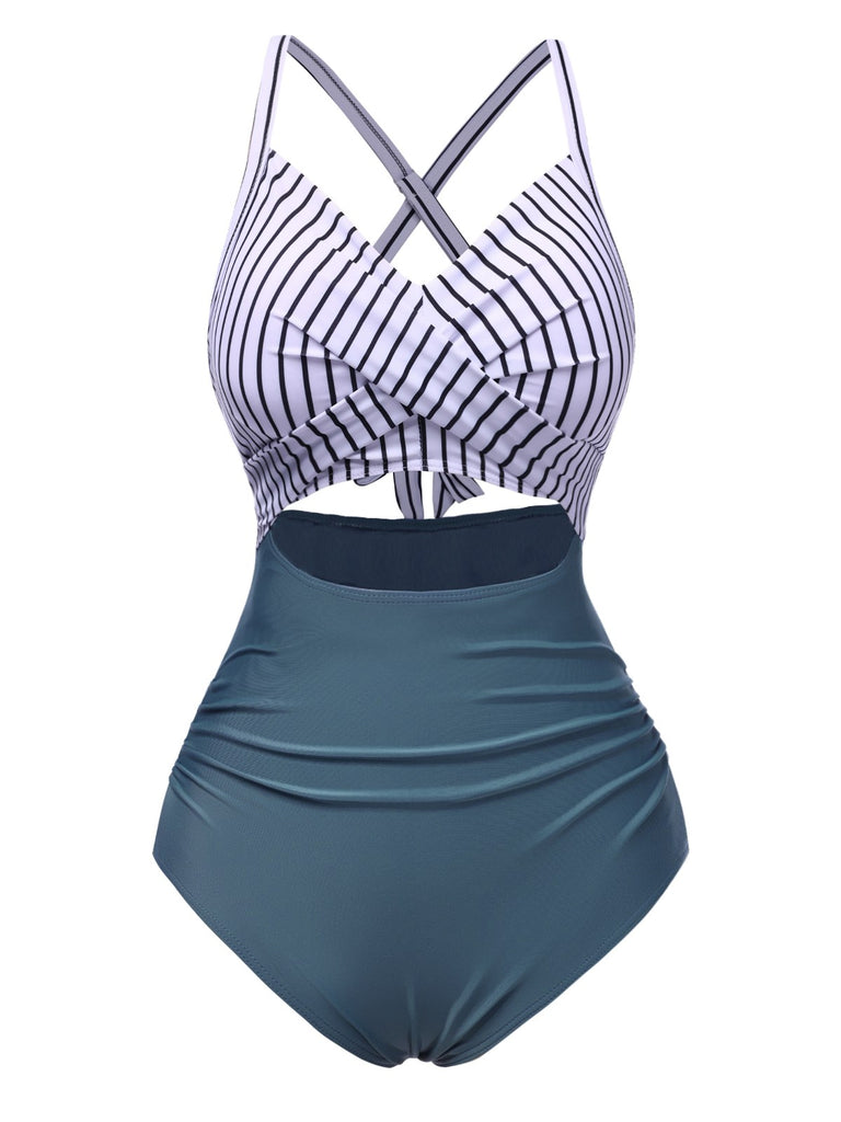 Maillot de bain bleu à rayures et patchwork creux années 1940