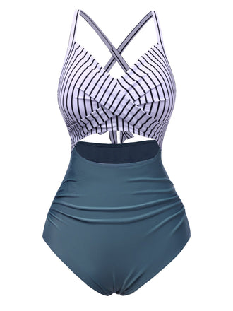Maillot de bain bleu à rayures et patchwork creux années 1940