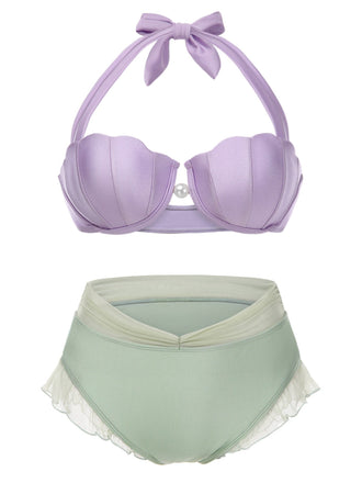 [Grande taille] Ensemble bikini licou coquille sirène lavande des années 1970