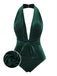 Maillot de bain col V profond en velours vert foncé des années 1970