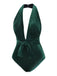 Maillot de bain col V profond en velours vert foncé des années 1970