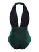 Maillot de bain col V profond en velours vert foncé des années 1970