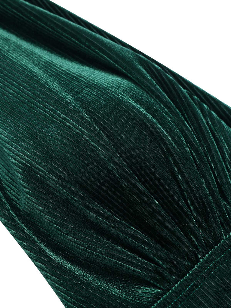 Maillot de bain col V profond en velours vert foncé des années 1970