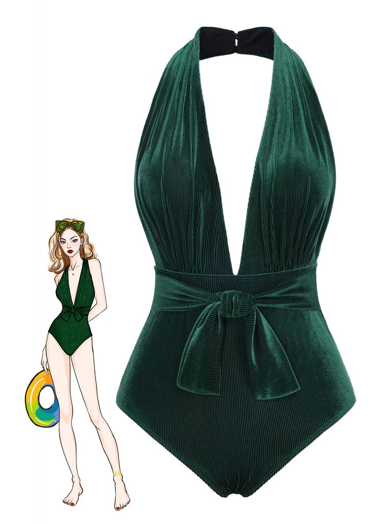 Maillot de bain col V profond en velours vert foncé des années 1970