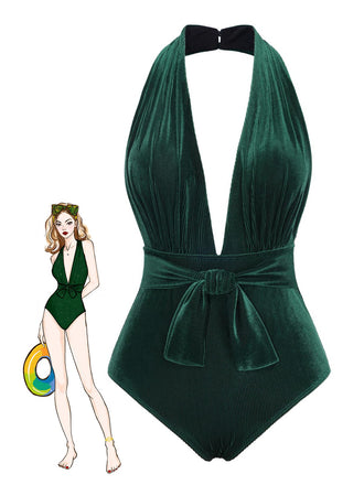 Maillot de bain col V profond en velours vert foncé des années 1970