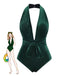 Maillot de bain col V profond en velours vert foncé des années 1970