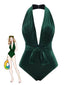 Maillot de bain col V profond en velours vert foncé des années 1970