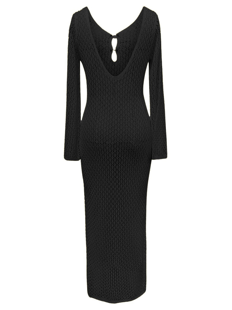Robe longue cache-cœur en maille creuse des années 1960
