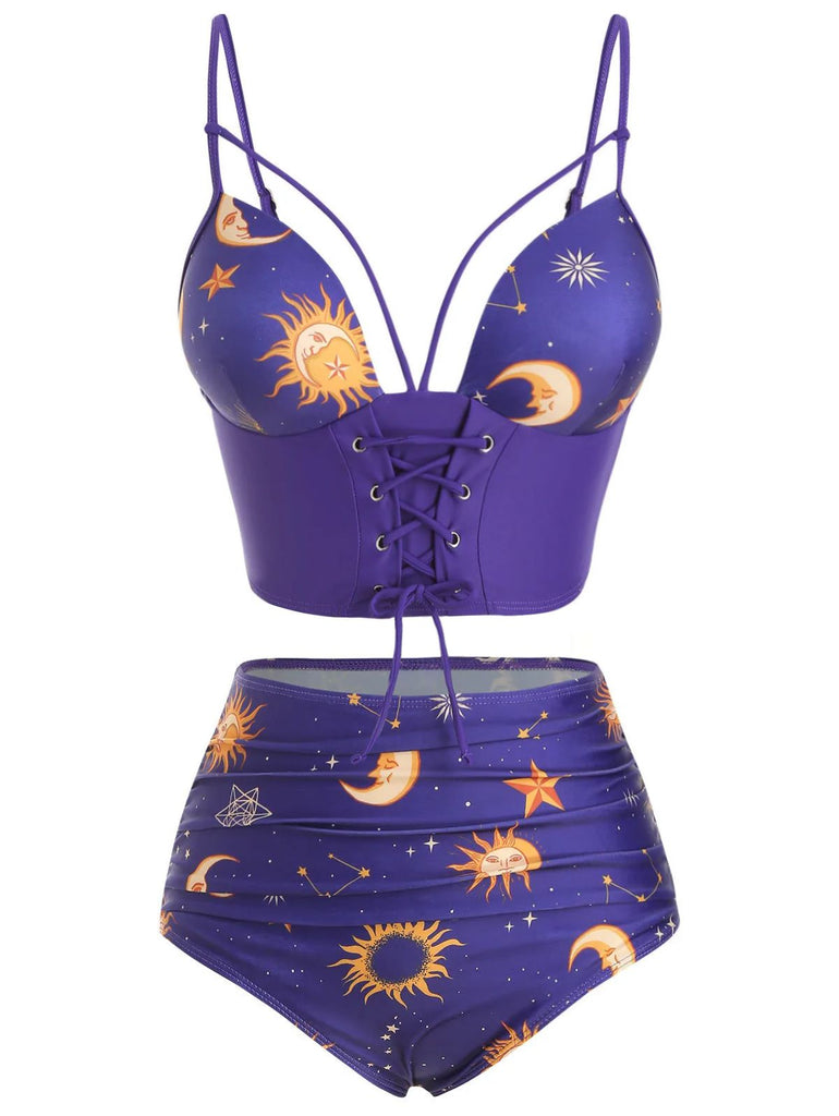 Maillot de bain à lacets violet Soleil Lune Étoiles années 40