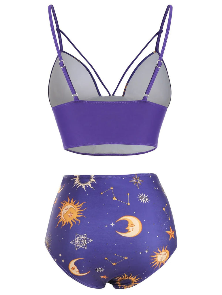 Maillot de bain à lacets violet Soleil Lune Étoiles années 40