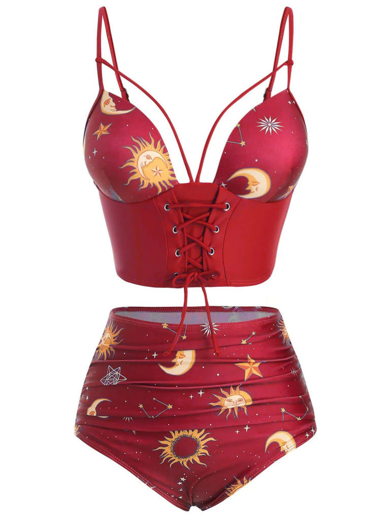 Maillot de bain à lacets violet Soleil Lune Étoiles années 40