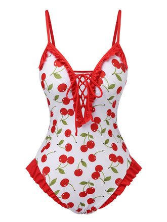 Maillot de bain rouge à volants et lacets cerises des années 1950