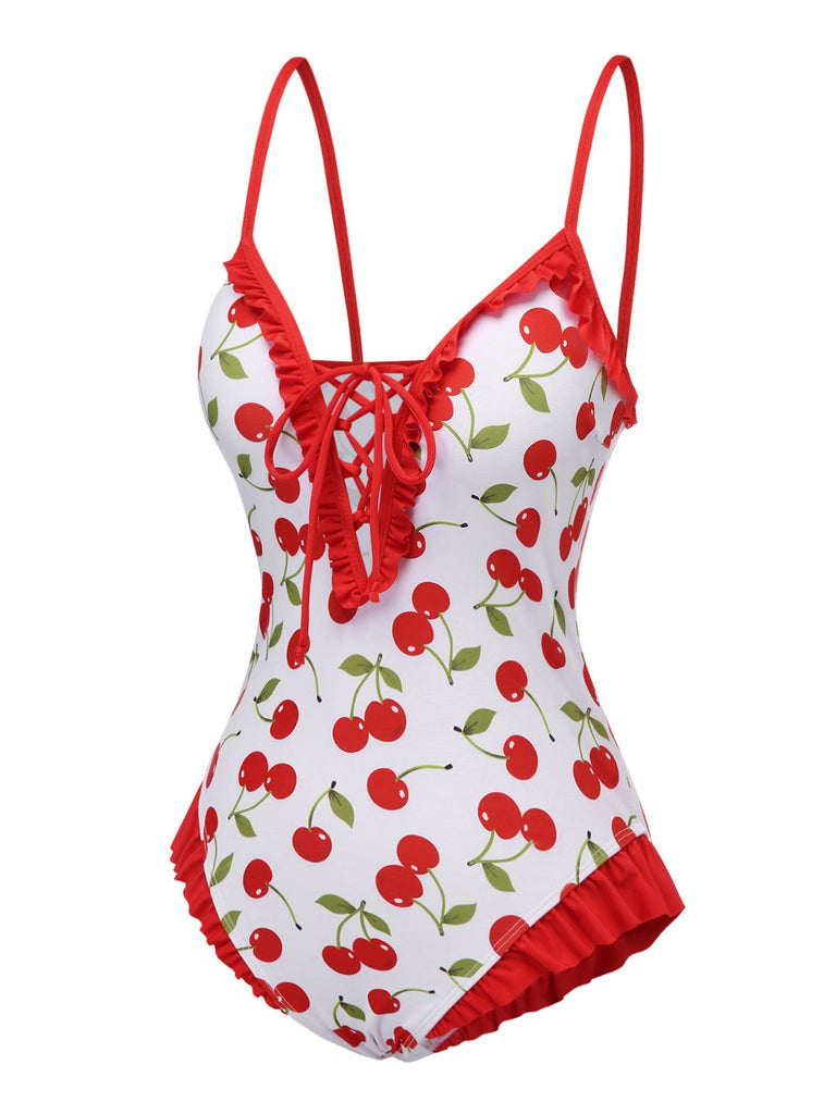 Maillot de bain rouge à volants et lacets cerises des années 1950