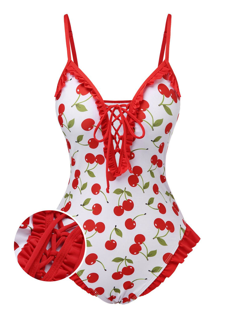 Maillot de bain rouge à volants et lacets cerises des années 1950