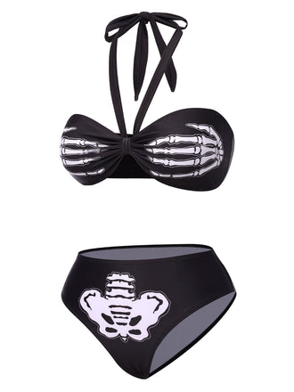 Ensemble bikini dos nu noir à motif main de squelette des années 1970