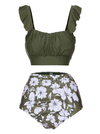 Maillot de bain plissé à volants fleuris vert des années 1950