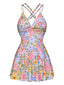 Maillot de bain en fleurs multicolore à bretelles croisées dans le dos des années 1940