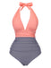 Maillot de bain licou col V profond blocs de couleurs des années 1940