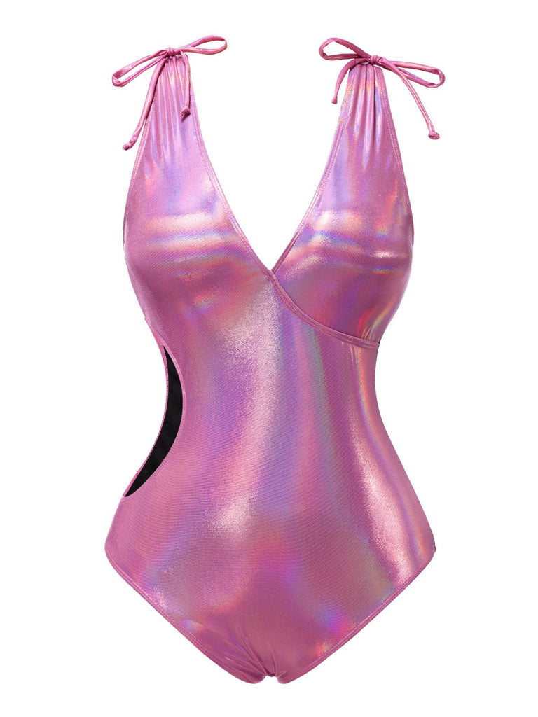 Maillot de bain rose avec nœud profond en V brillant creux années 70