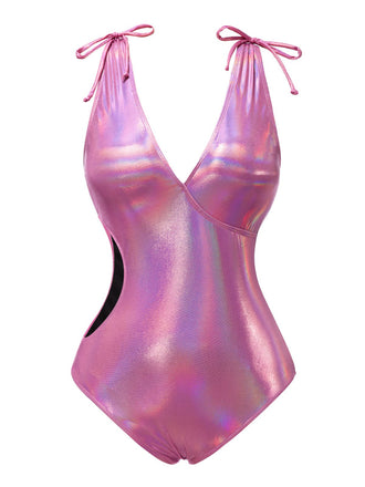 Maillot de bain rose avec nœud profond en V brillant creux années 70