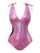 Maillot de bain rose avec nœud profond en V brillant creux années 70