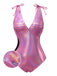 Maillot de bain rose avec nœud profond en V brillant creux années 70