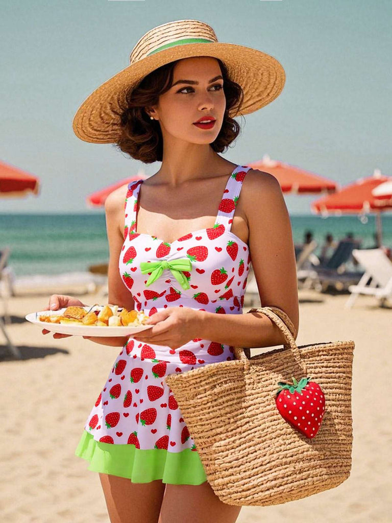 Maillot de bain robe rouge et vert avec nœud à fraises des années 40
