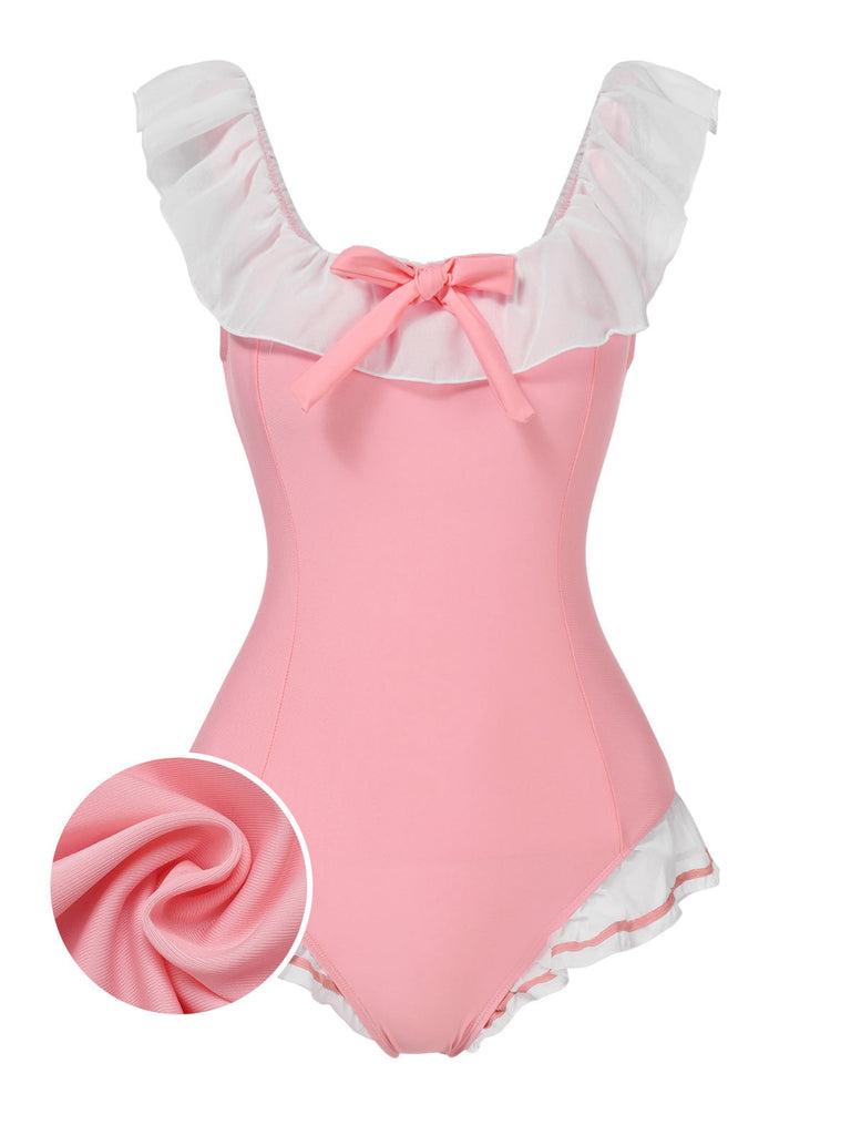 Maillot de bain une pièce rose à revers nœud papillon des années 1950
