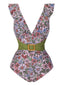 Maillot de bain à col en V à volants et ceinture des années 1950