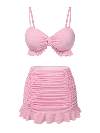 Maillot de Bain uni rose à bretelles et volants des années 1950