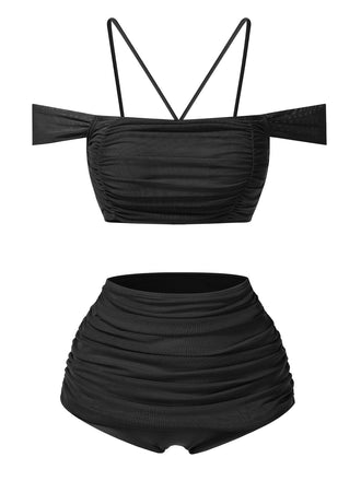 Maillot de bain dos nu froncé noir uni des années 1930