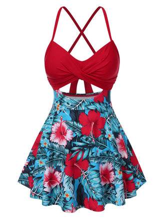 Robe de bain multicolore à bretelles creuses et à fleurs des années 1940