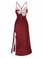 Chemise de nuit rouge en satin et dentelle fendue bretelles des années 1930