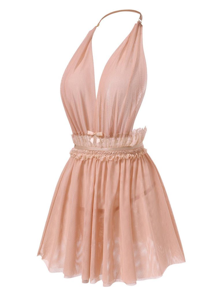 Lingerie dos nu en dentelle et maille col en V profond années 1950