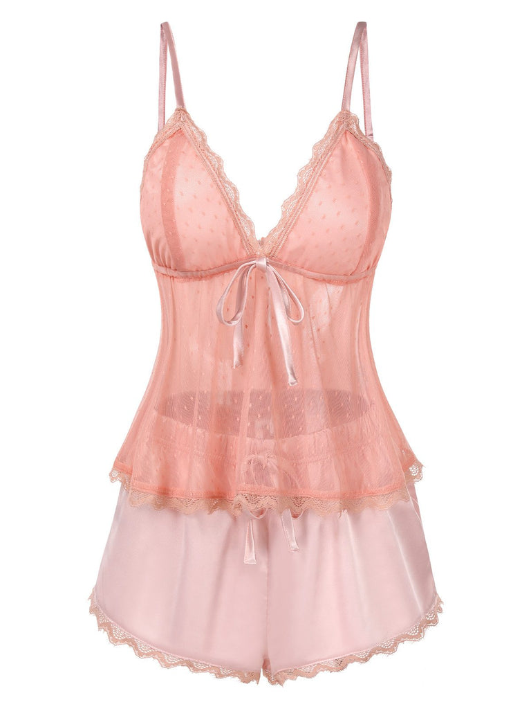 Ensemble de pyjama en satin et dentelle rose à pois des années 1950