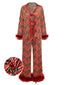 Ensemble pyjama rouge hollies et sucres d'orge avec plumes années 1950