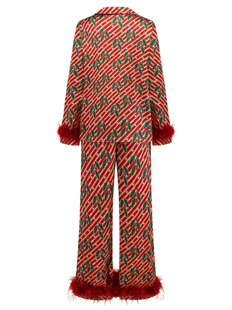 Ensemble pyjama rouge hollies et sucres d'orge avec plumes années 1950