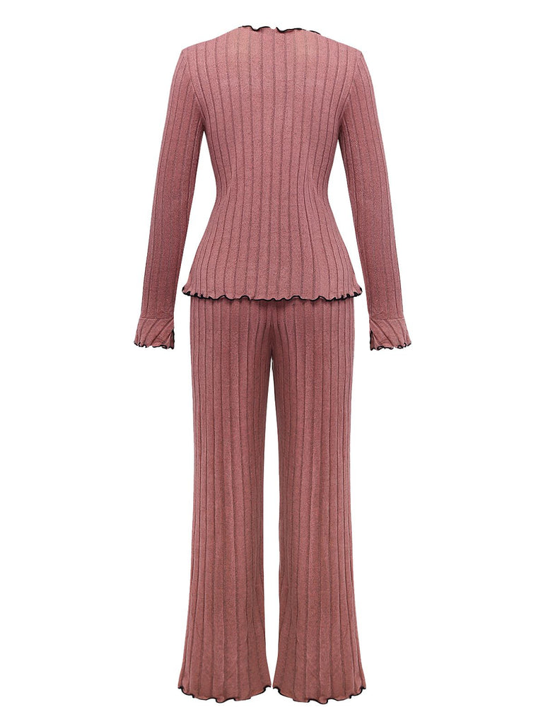 Ensemble pyjama long à volants en maille et nœud années 1950